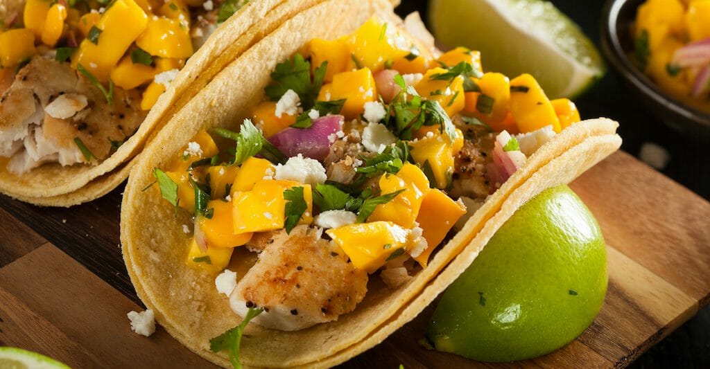 Homemade Baja Fish Tacos with Mango Salsa and Chips