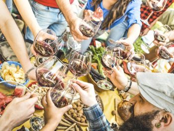 Top view of friend hands toasting red wine glass and having fun outdoor cheering at picnic winetasting - Young people enjoying summer time together at lunch bbq garden party - Youth friendship concept