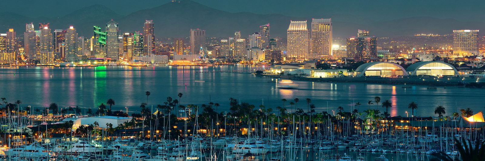 San Diego downtown skyline at night with boat in harbor.