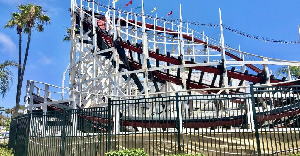 White wooden Belmont Park Roller Coaster