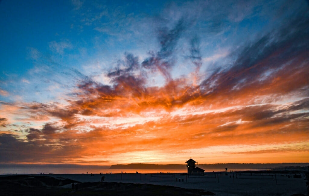 Dramatic clouds and Orange and blue sky during sunset on Coronado Island 