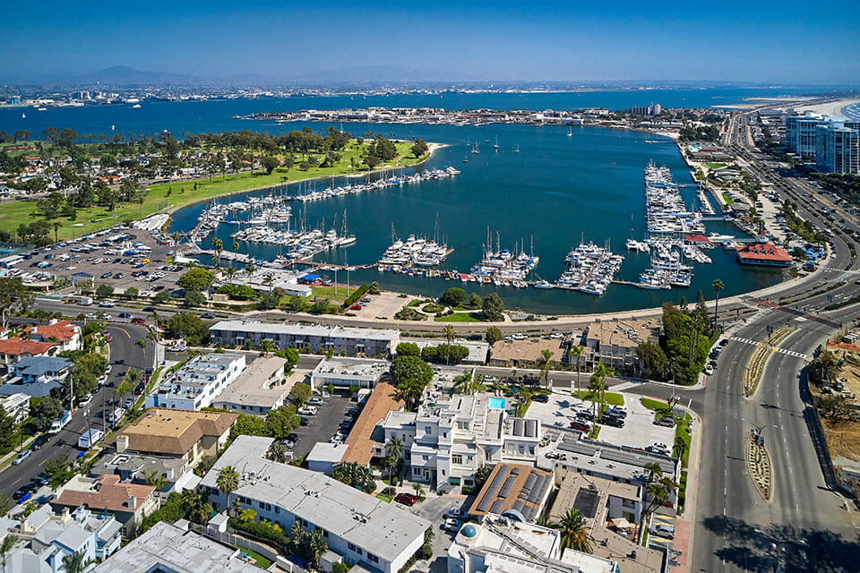 Aerial View of Glorietta Bay Inn Coronado next to the harbor