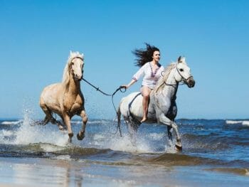 woman riding a white horse on the beach, while leading a tan horse behind her on a sunny day
