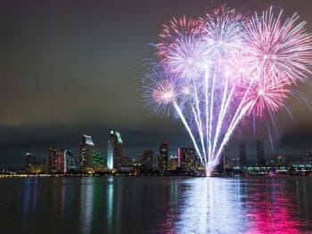 Pink New Years Eve Fireworks San Diego Skyline and San Diego Bay