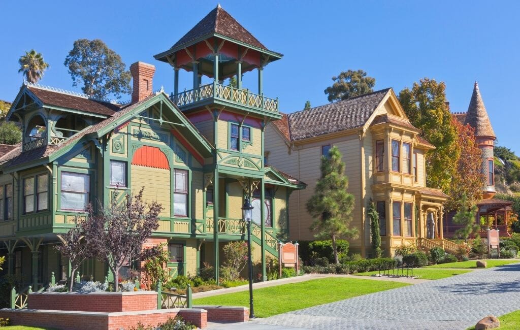 Colorful victorian houses in Old Town Heritage Park San Diego California