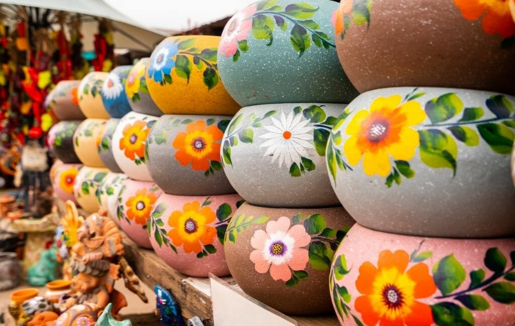 Colorful plant pots with flowers and decoration at Old Town Market San Diego California