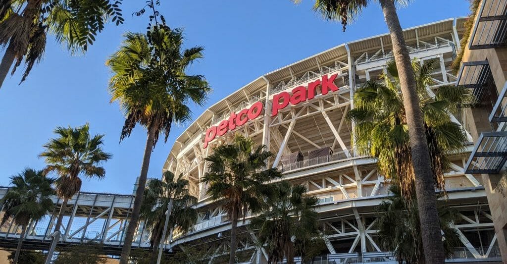 Outside of Padres Stadium Petco Park San Diego with Palm trees