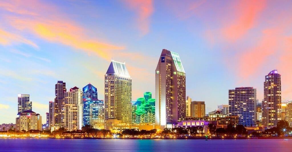 Skyline of San Diego during sunset photographed from Coronado