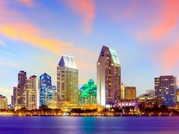 Skyline of San Diego during sunset photographed from Coronado