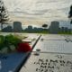 A bouquet of flowers laying on a white marble graveside plate with names inscribed at Fort Rosecrans National Military Cemetery San Diego
