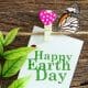 Wood board with white paper note reading Happy Earth day, a branch with leaves, a mushroom pin and a butterfly