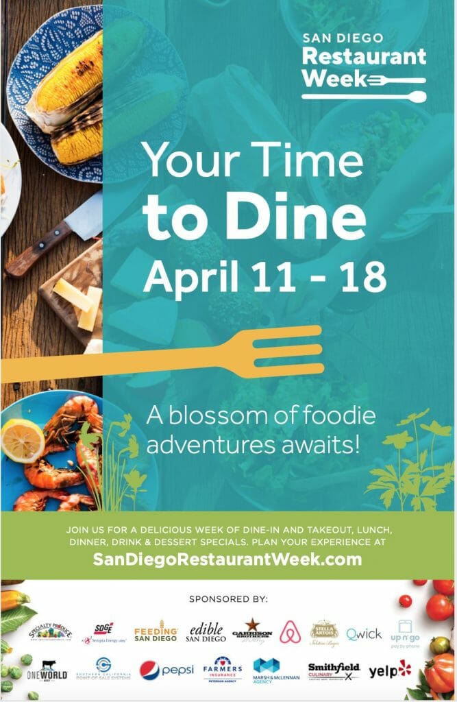 Poster of San Diego Restaurant Week with food photos, sponsors and dates (April 11-18)