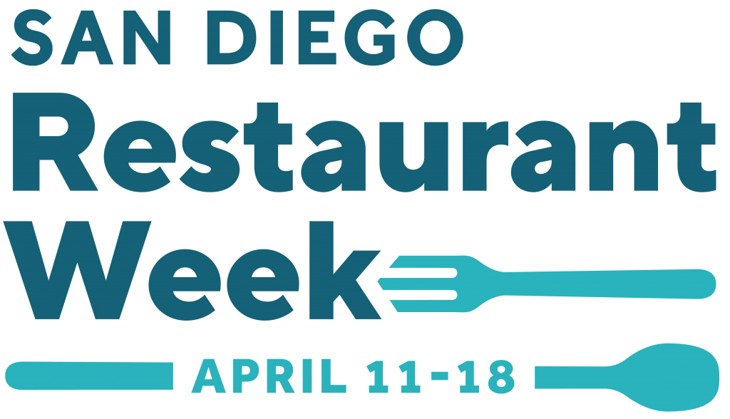 Logo of San Diego Restaurant week: Blue Writing SAn Diego Restaurant Week with a fork and spoon wrapped around the dates April 11-18