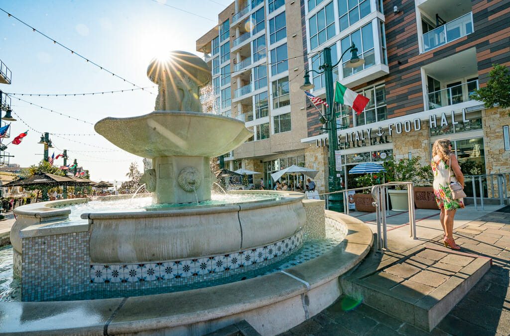 Little Italy food hall in the ground floor - and a 3 tiered water fountain in the foreground
