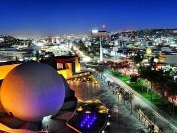 Aerial view of the round theatre of the CECUT cultural center in Tijuana during night