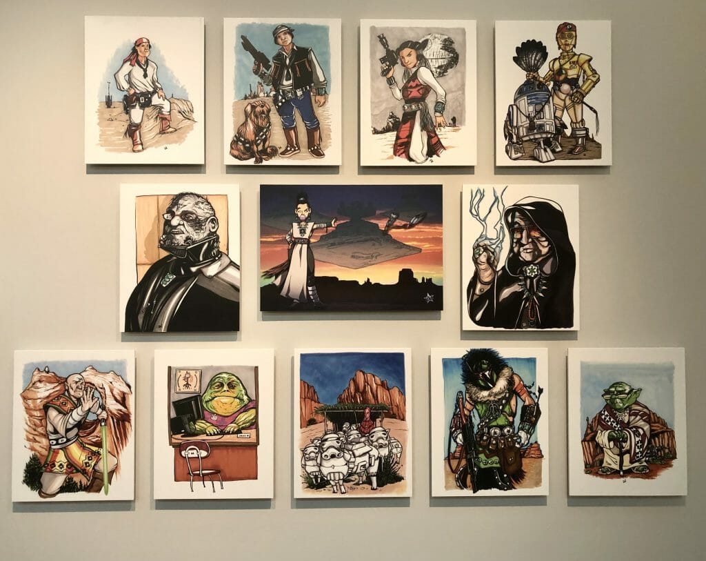 11 small star wars/native american themed paintings for the Star Wars exhibit at Silver and Turquoise jewelry at the Museum of northern arizona