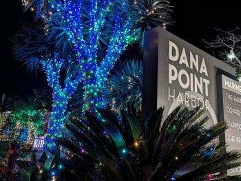 Sign with Text: Dana Point Harbor and list of restaurants and shops, trees decorated with blue and multicolored Lights