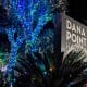 Sign with Text: Dana Point Harbor and list of restaurants and shops, trees decorated with blue and multicolored Lights