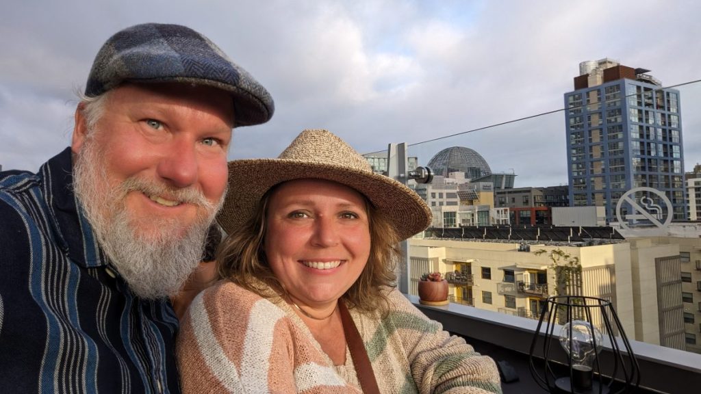 Maria and Greg at Rooftop bar at Borrego Rooftop & Kitchen