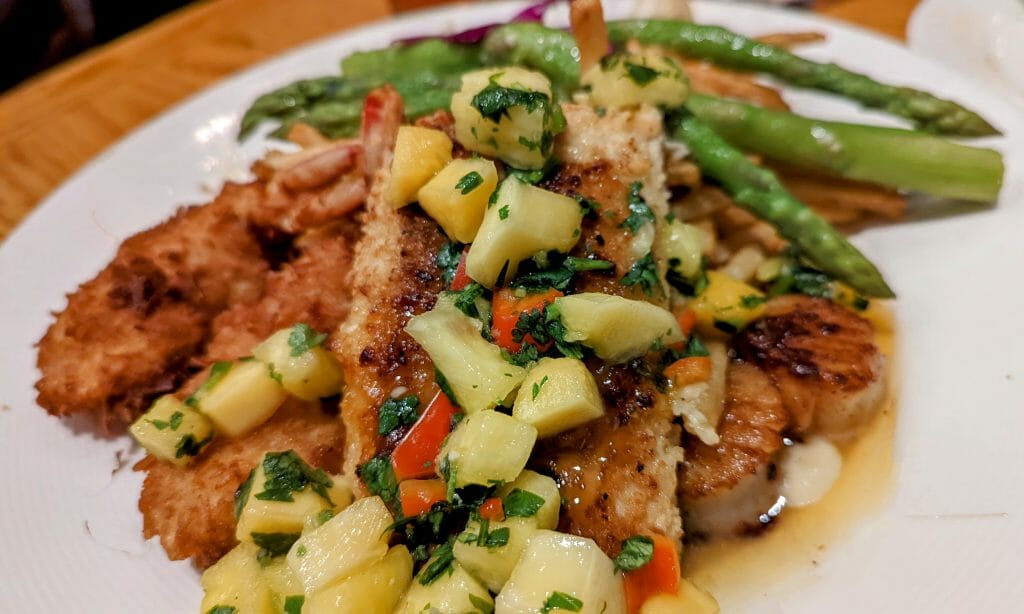 mixed seafood platter with mango salsa and asparagus at Harpoon Henrys Dana Point Harbor Restaurants