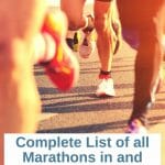 Closeup of legs of a group of runners during sunset with orange light - text overlay on white background: Complete list of all Marathons in and near San Diego