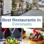 Collage of 3 images depicting outside of a restaurant, and two seafood dishes. White text box: Best Restaurants in Coronado