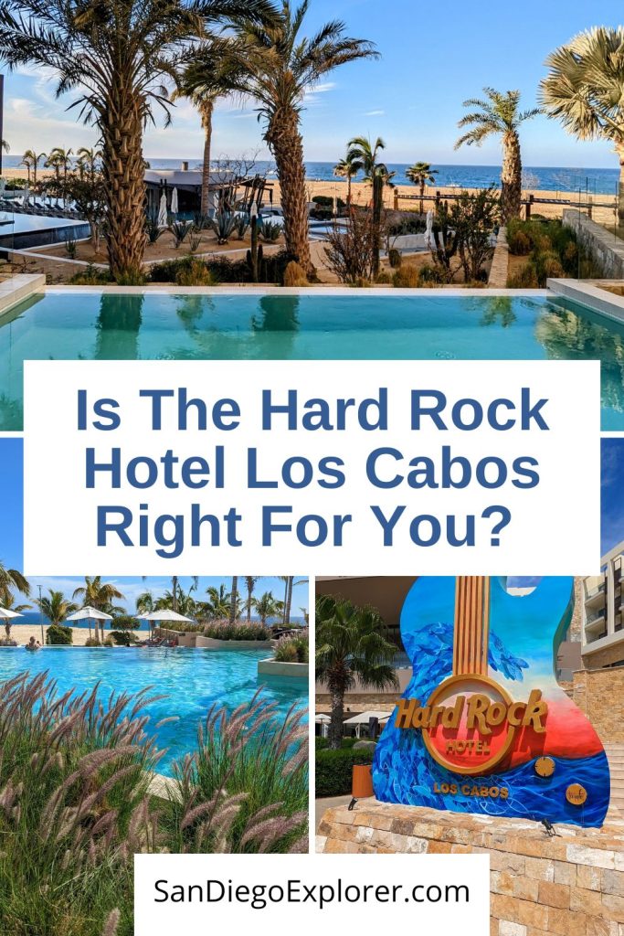 collage of photos of the Hard Rock Hotel Los Cabos, including pools, guitar