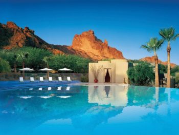 Pool with camelback mountain in the background at Sanctuary on Camelback Mountain Resort & Spa