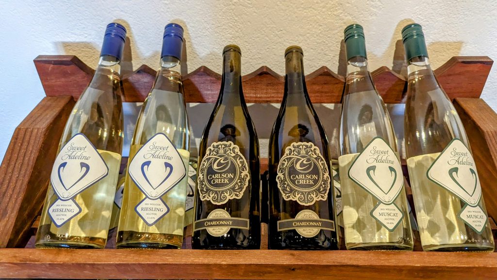 Wine rack at Carlson Creek Vineyards tasting room