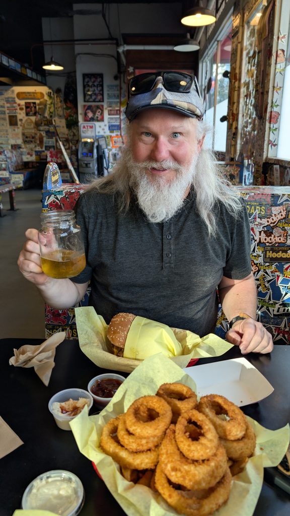 Greg at Hodad's downtown with onion rings
