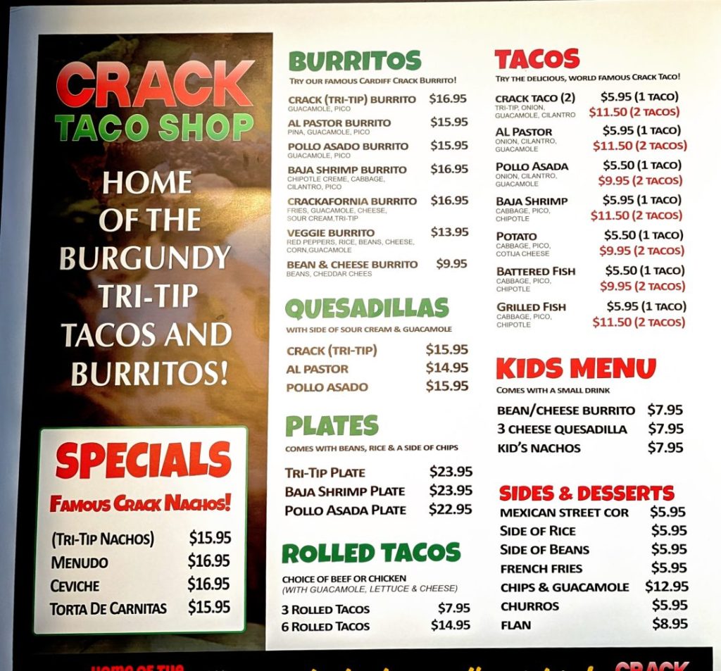 Menu on the wall of Crack Taco Shop in Seaport Village
