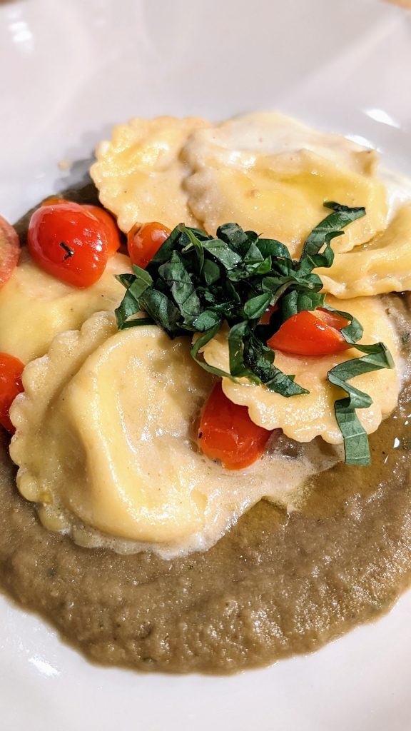 Ravioli with burrata filling and eggplant sauce at Ciccia Osteria