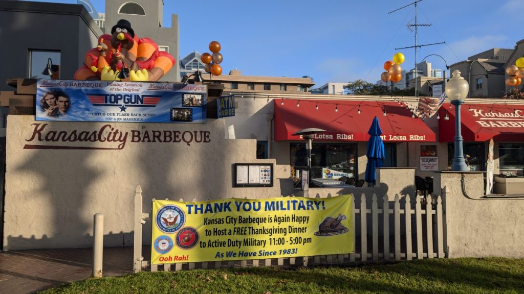 outside of Kansas City BBQ, decorated for Thanksgiving