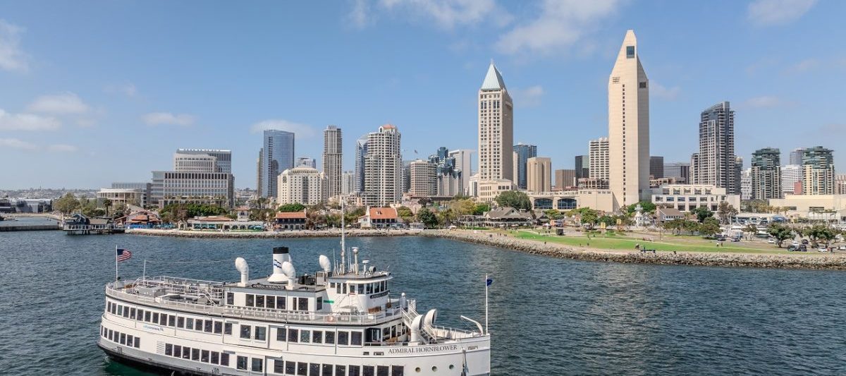 San Diego Bay Cruise ship in front of San Diego skyline