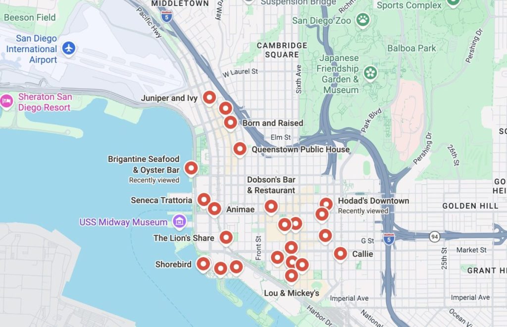 Map of San Diego with best downtown restaurants