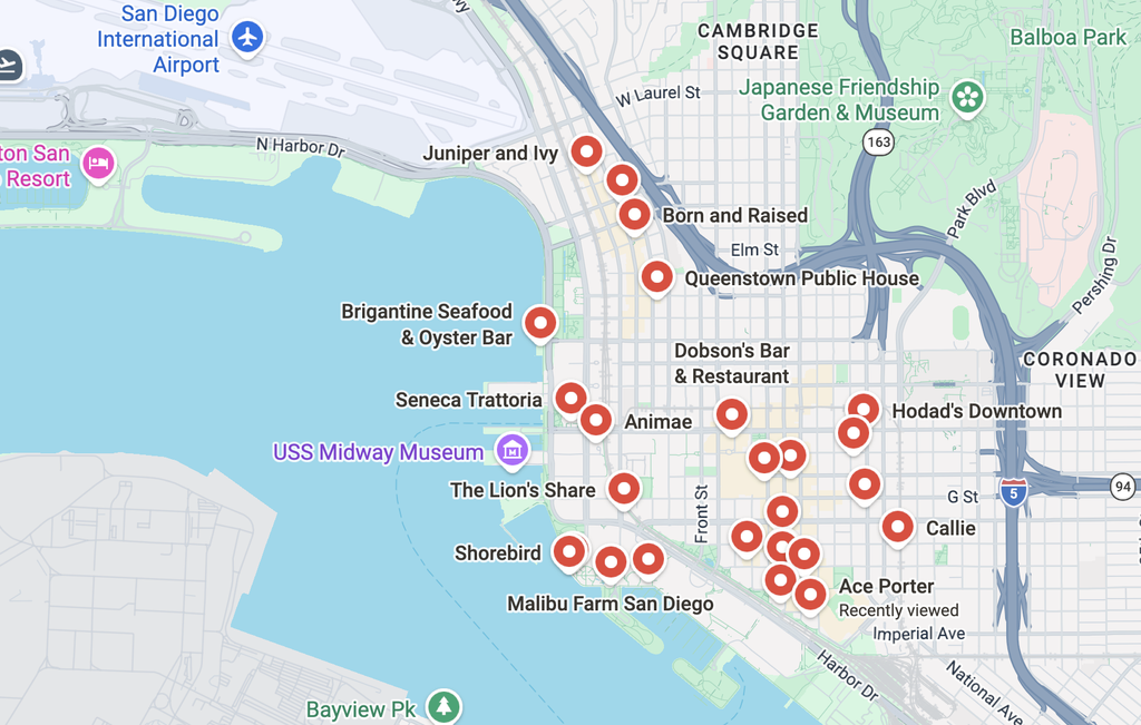 Map of Best Downtown San Diego Restaurants