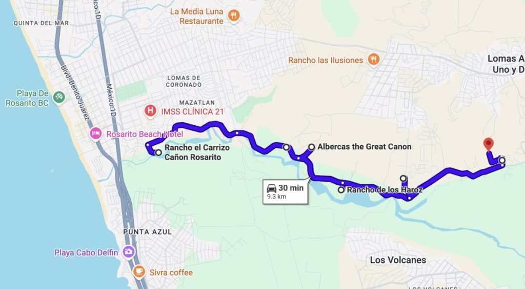 Map of Rosarito Canyon Ecotourim Route