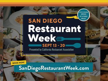 Restaurant Week San Diego 2026 flyer with text overlay over food photos.