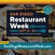 Restaurant Week San Diego 2026 flyer with text overlay over food photos.